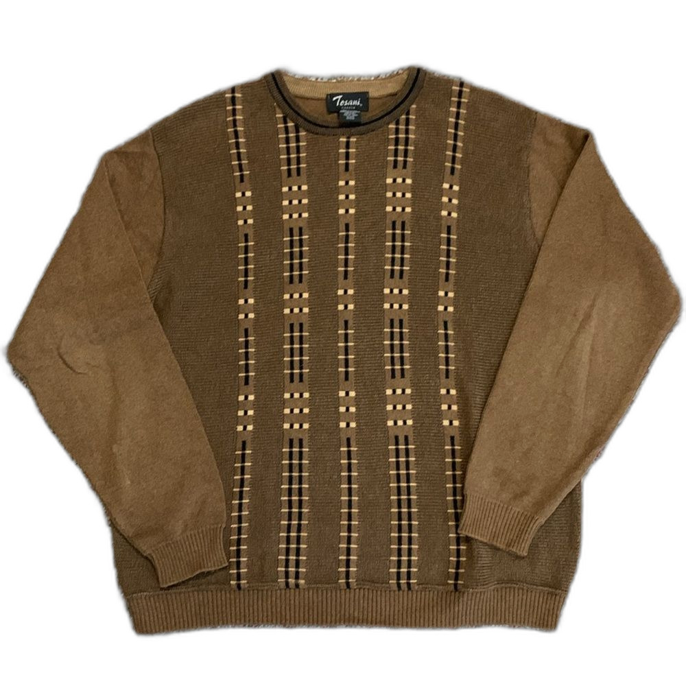 VTG 90s Tosani Canada Brown Geo Patterned Cotton Crewneck Sweater Size M